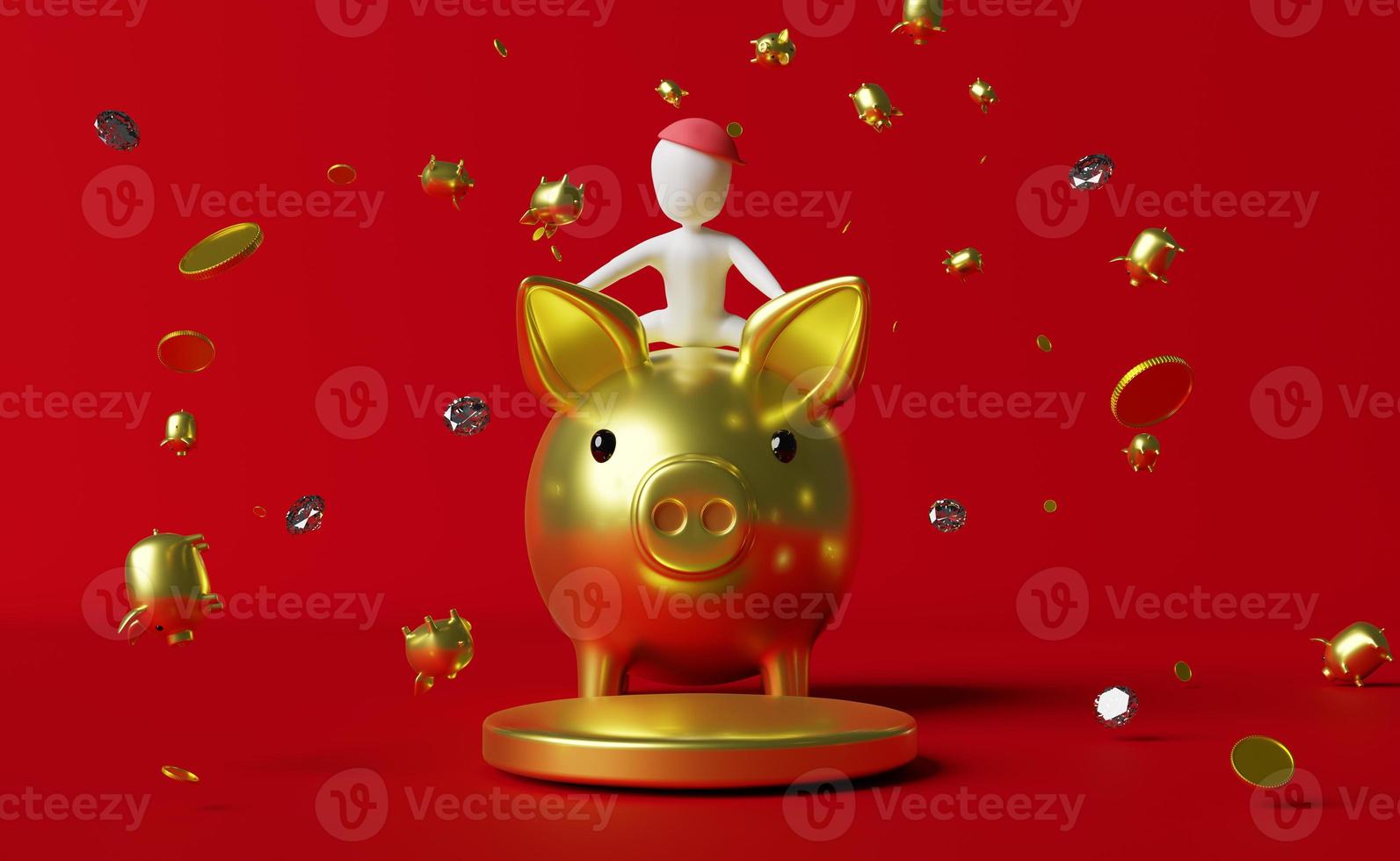 Stick man riding a piggy bank and coins and diamond in red composition background ,Concept 3d illustration or 3d rendering photo