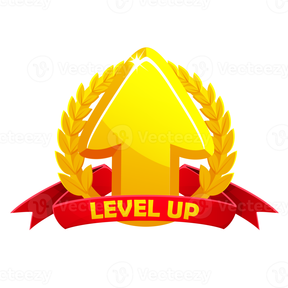 Level up icon with red award ribbon and laurel. Level Up Sign Symbol for Game png