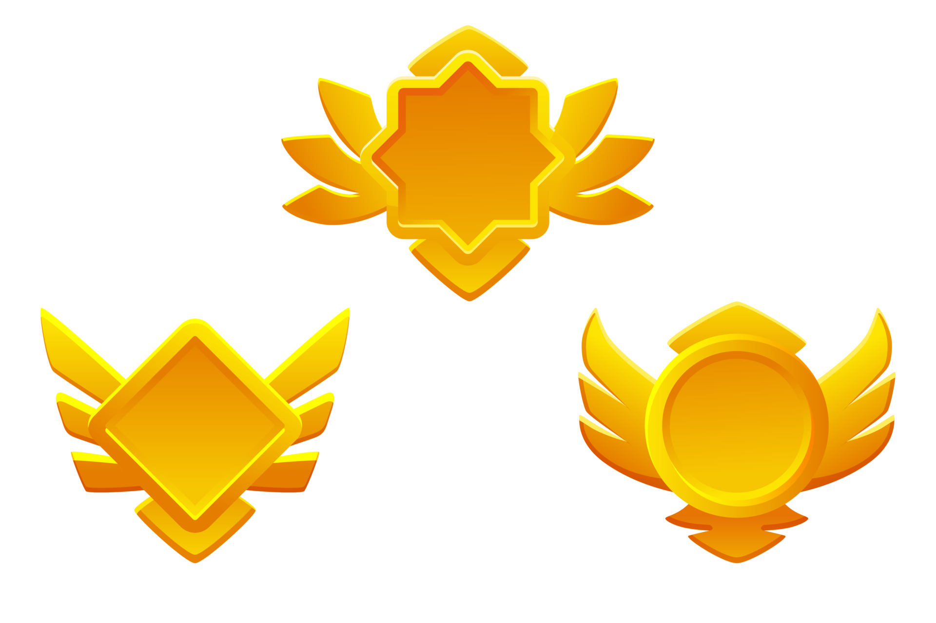 Golden game rank icons isolated. Game badges buttons in different frame