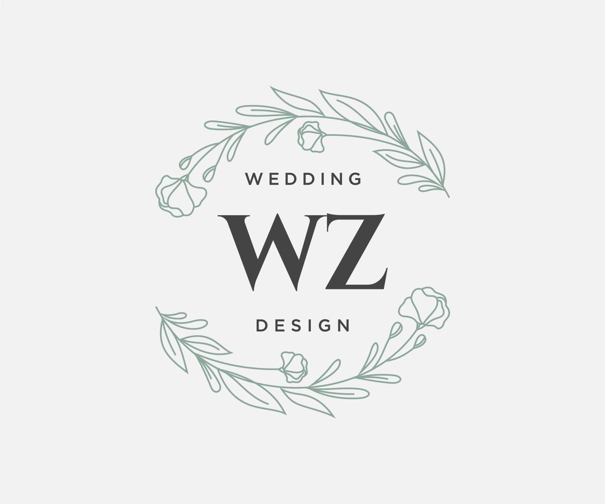 colección de logotipos de monograma de boda con letras iniciales wz, plantillas florales y minimalistas modernas dibujadas a mano para tarjetas de invitación, guardar la fecha, identidad elegante para restaurante, boutique, café en vector