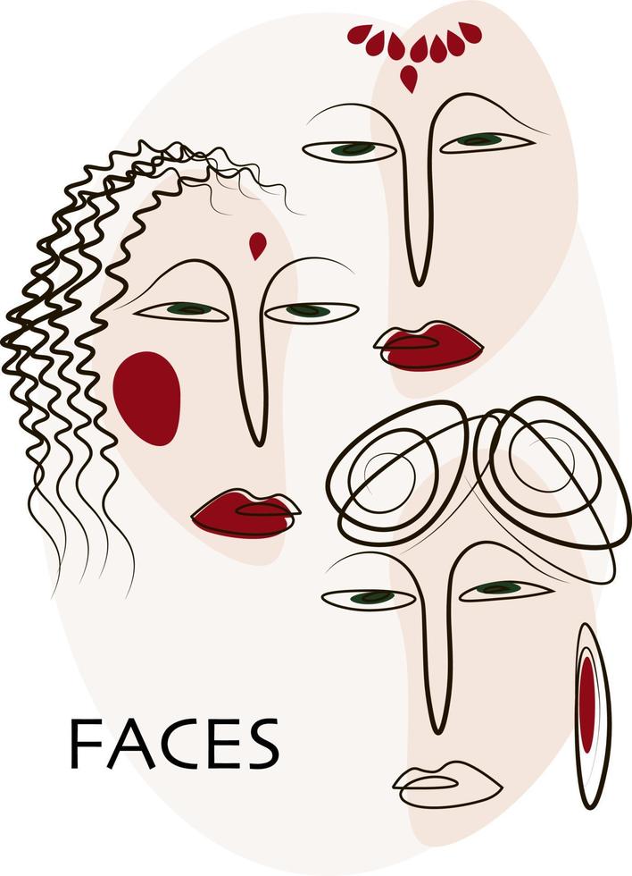 Vector trend image of faces. Linear abstract illustration. Postcard. Template for decoration.