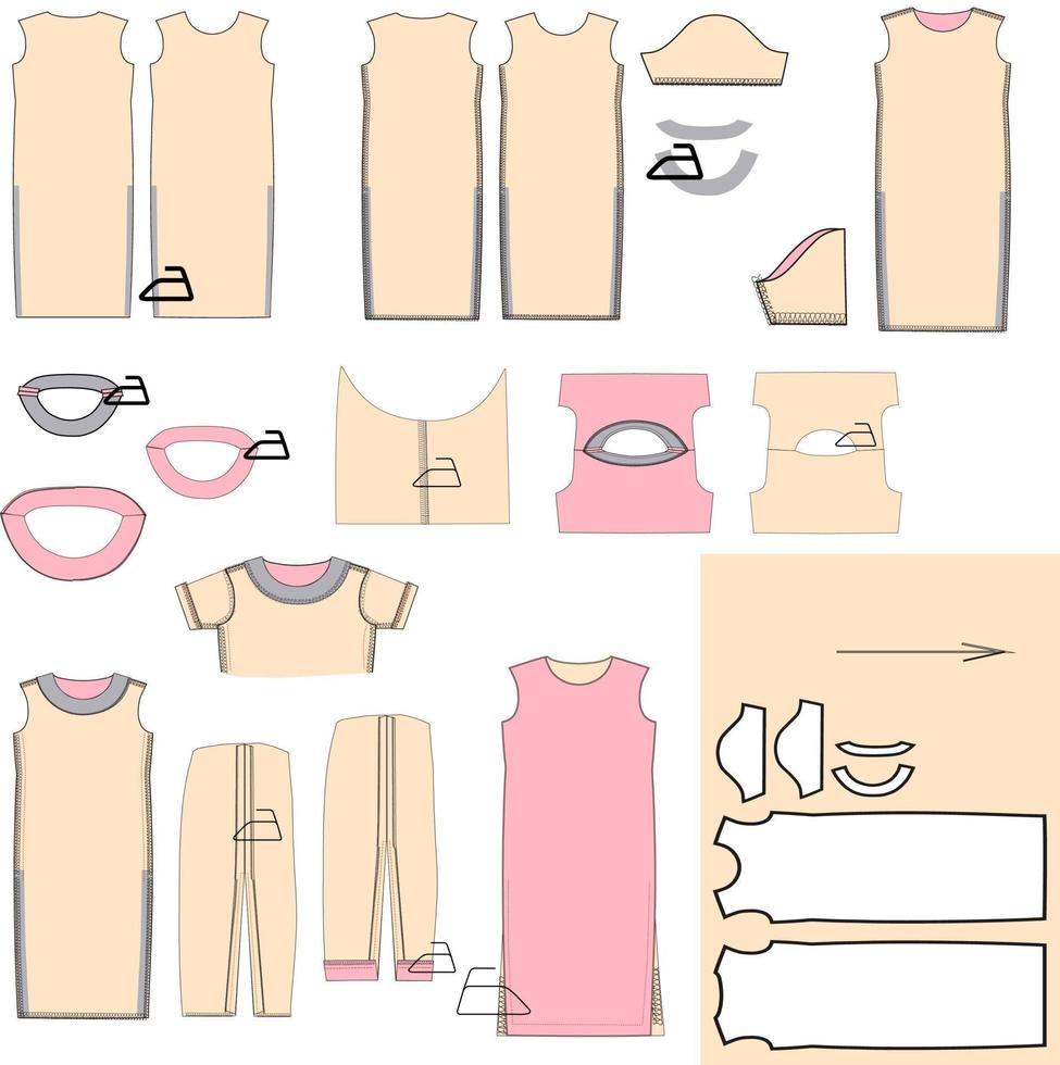 Clothing design elements. Detailed vector drawing of the dress. Technological sequence of tailoring T-shirts. Stitching and processing of sleeves and a mouth. Sewing themes.