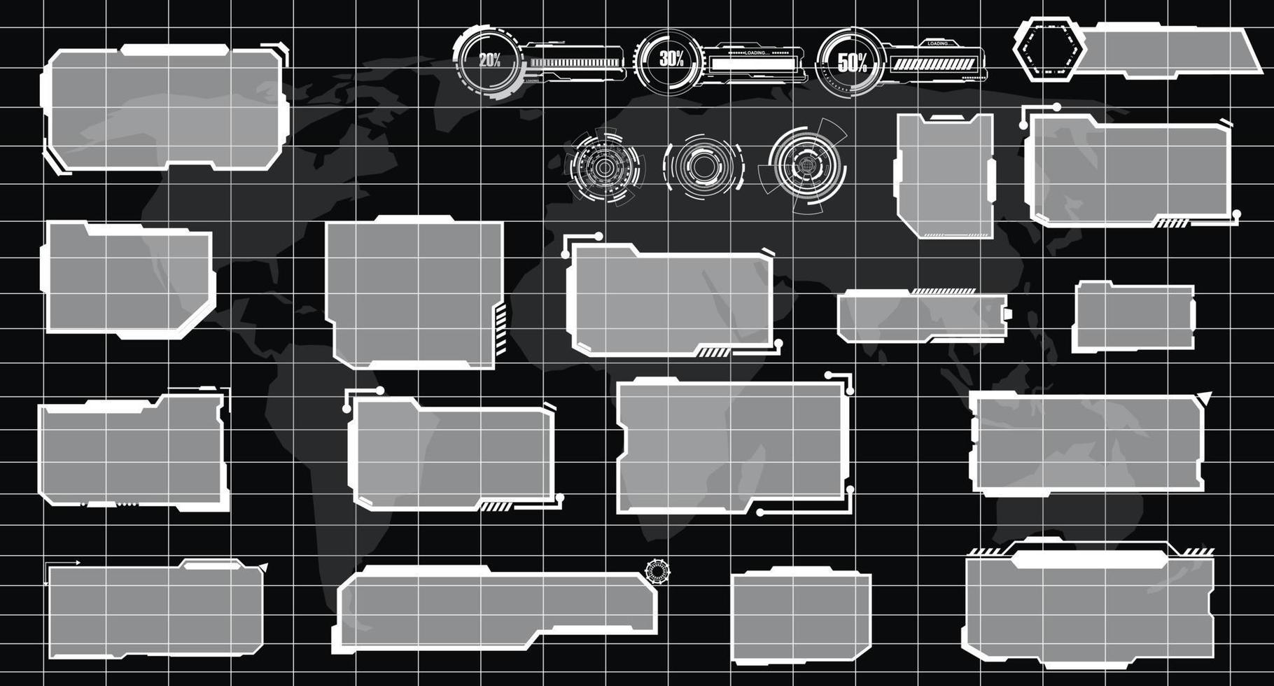 digital interface HUD elements set pack. User Interface, frame screens. Callouts titles, FUI circle set, Loading bars. Dashboard reality technology screen. Vector