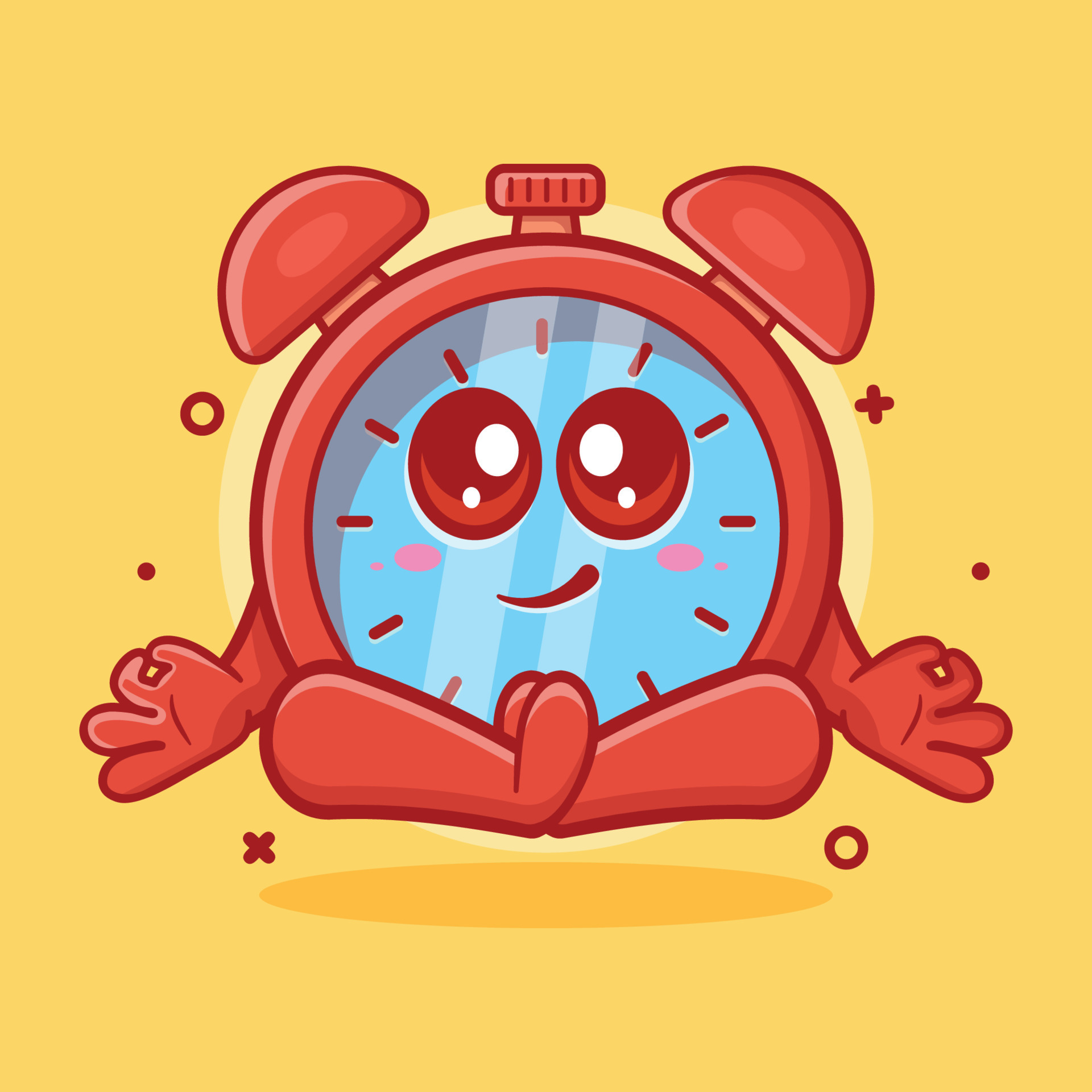 funny alarm clock character mascot with yoga meditation pose isolated