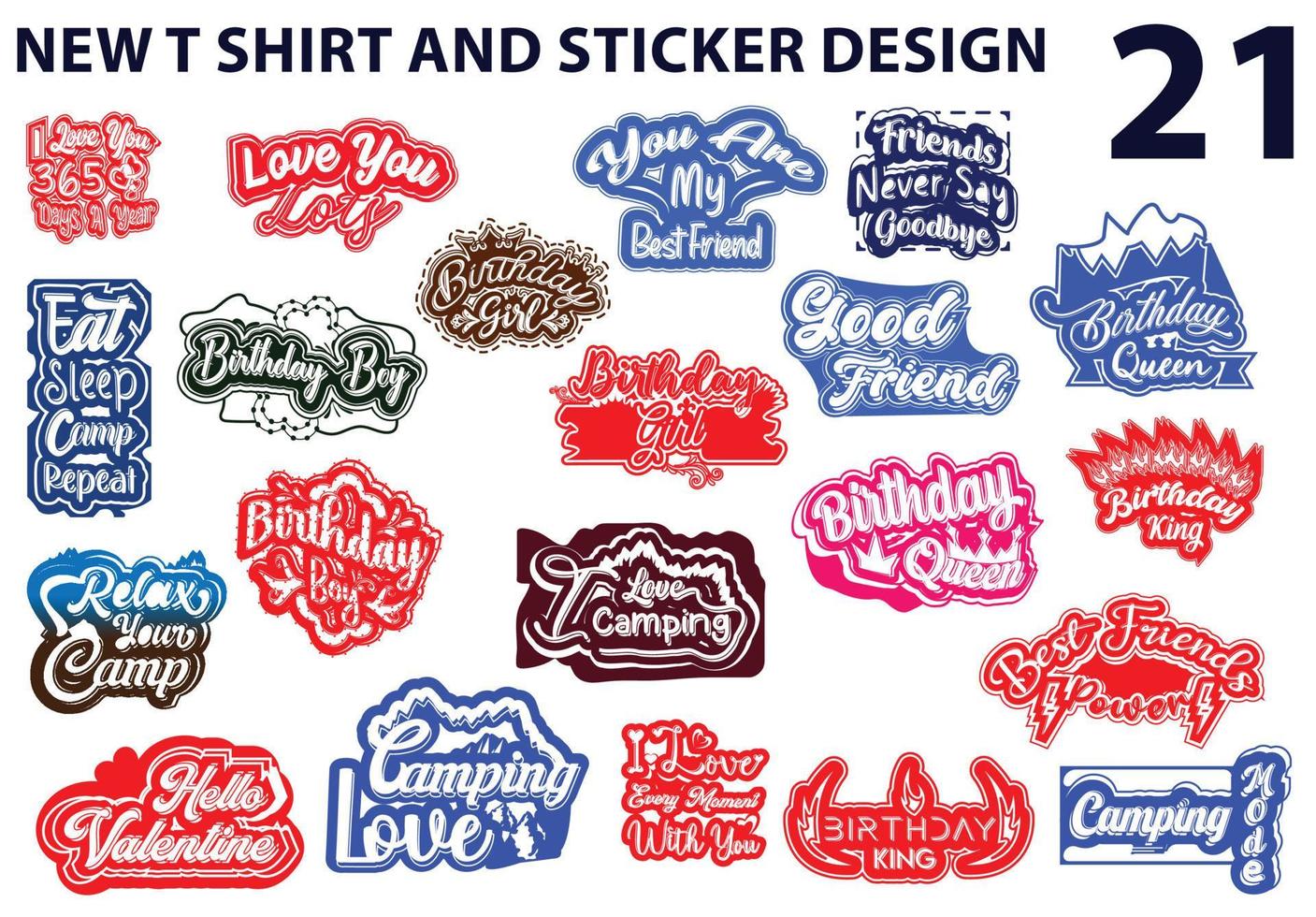 Camping friends valentine birthday t shirt and sticker design bundle vector