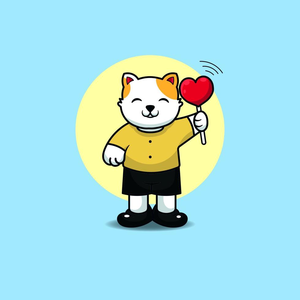 Cute cat holding candy heart. Vector illustration of cute cartoon animal cartoon.