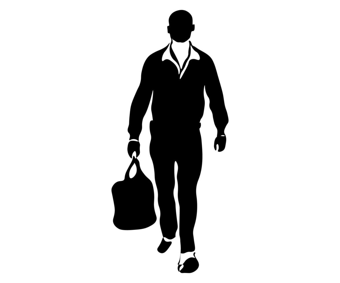 logotipo en blanco y negro de un hombre con una bolsa grande, equipaje vector