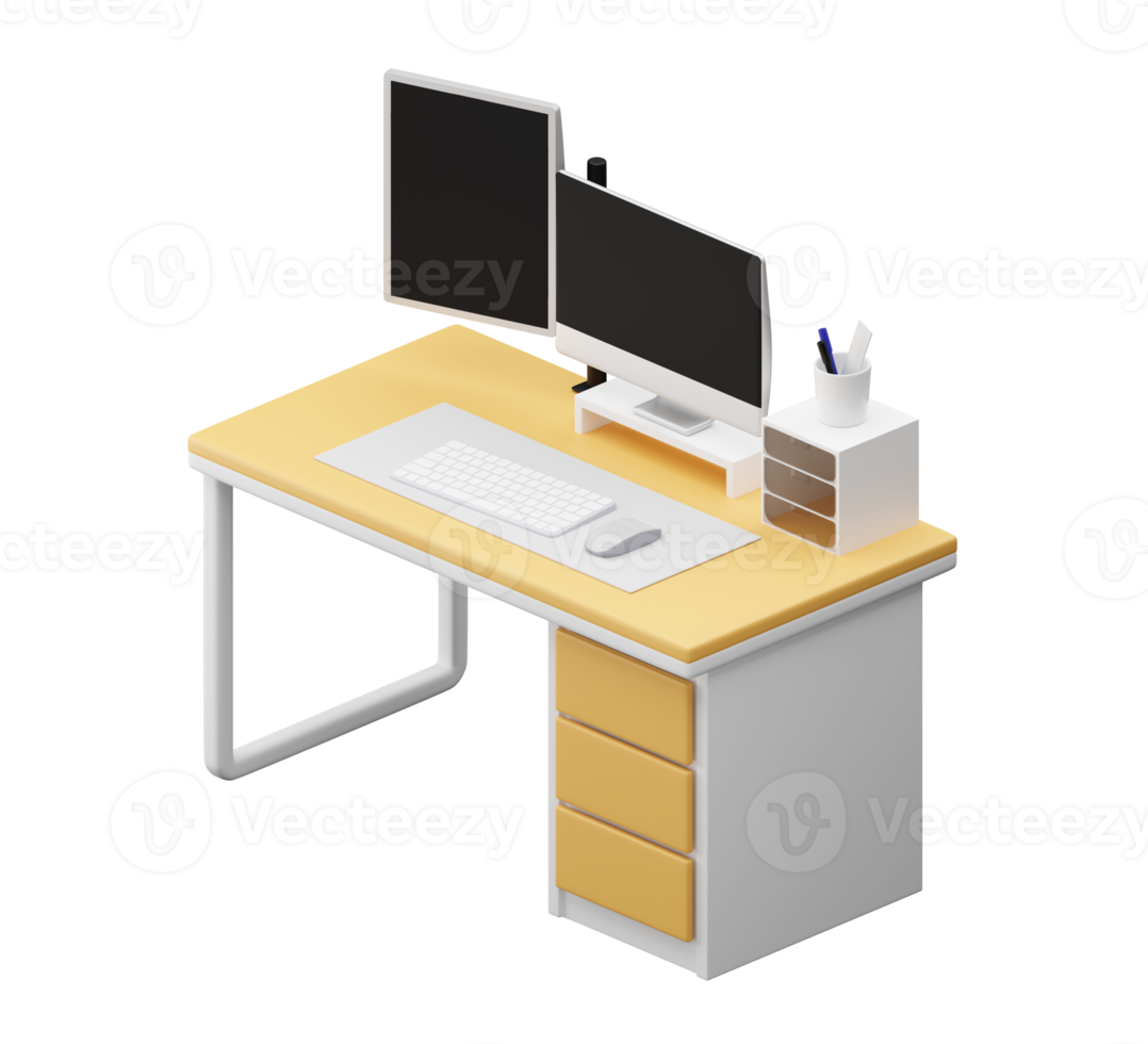 wood desk with computer, moniter, computer. 3D rendering. png