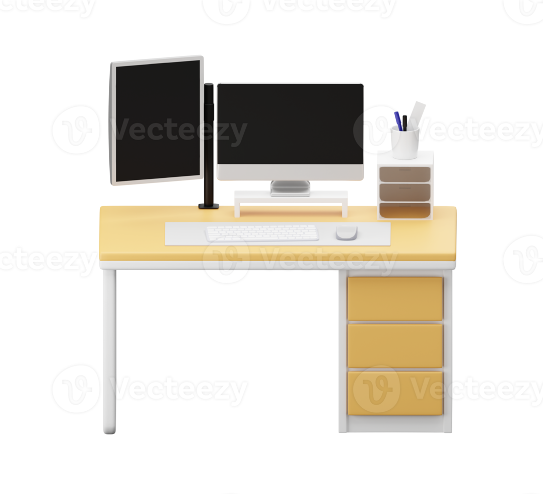 wood desk with computer, moniter, computer. 3D rendering. png