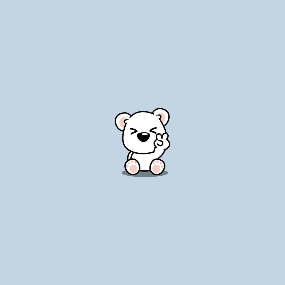 Cute polar bear sitting and showing V sign hand cartoon icon, vector illustration