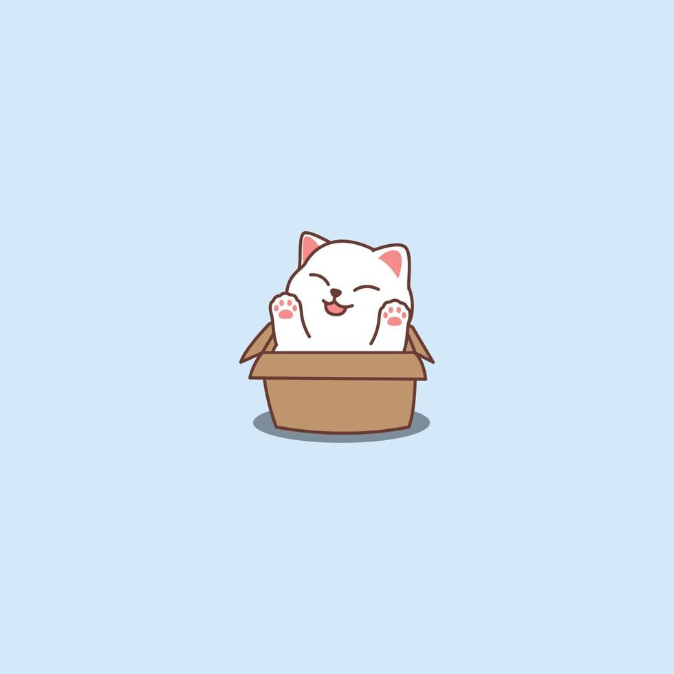 Funny white cat in the box cartoon, vector illustration