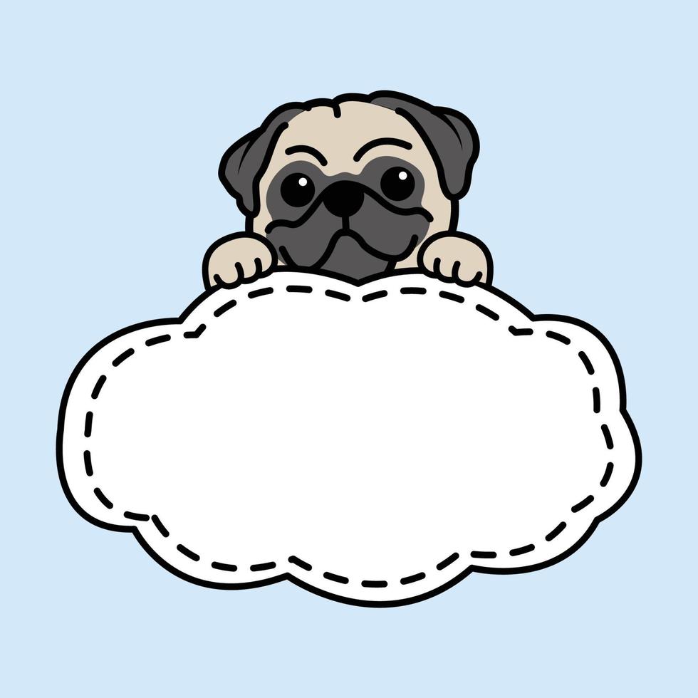 Cute pug dog with frame border template cartoon, vector illustration