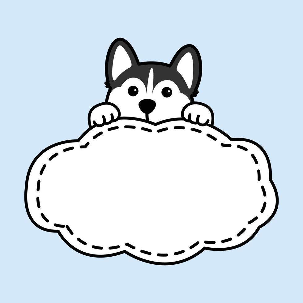Cute siberian husky dog with frame border template cartoon, vector illustration
