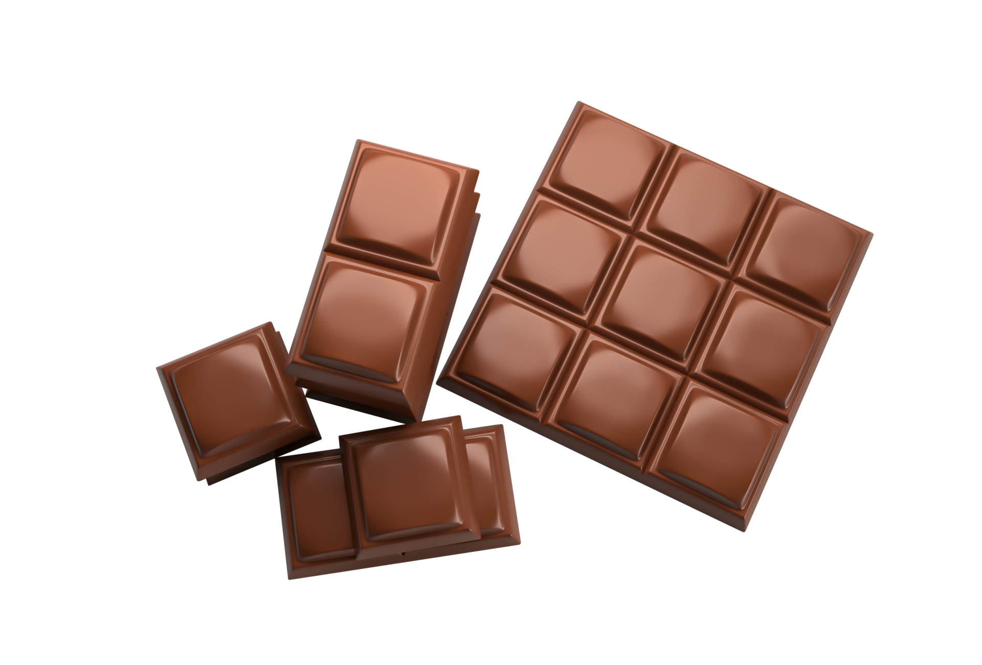 Three milk chocolate pieces Two pieces of milk chocolate isolated Top