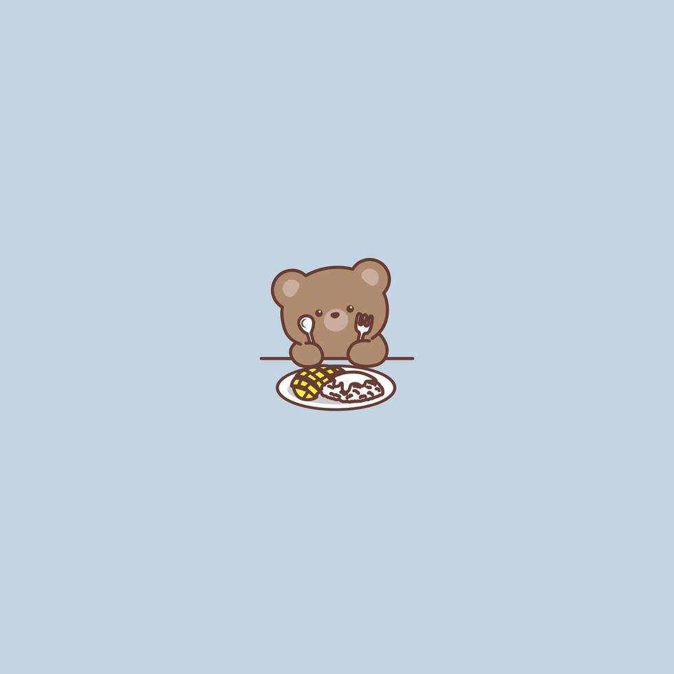 Cute brown bear with mango sticky rice cartoon, vector illustration
