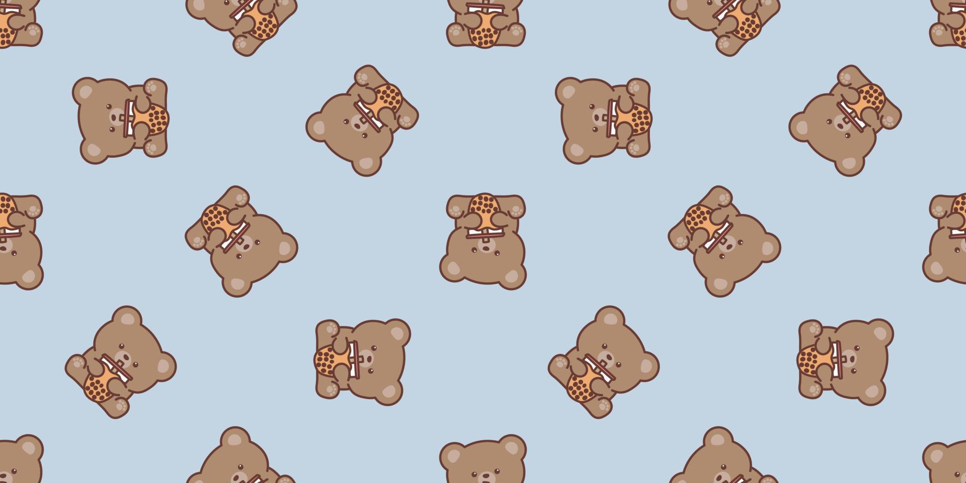 Cute brown bear with bubble tea cartoon seamless pattern, vector illustration