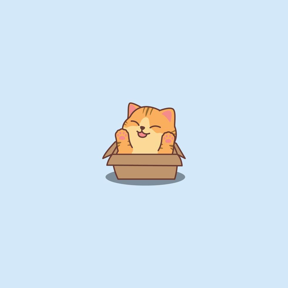 divertido gato naranja en la caja de dibujos animados, ilustración vectorial vector