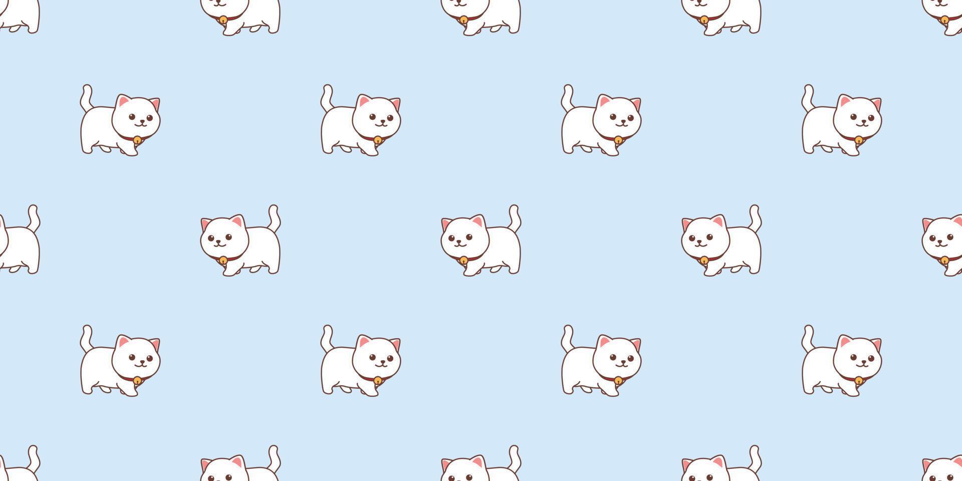 Cute white cat walking cartoon seamless pattern, vector illustration