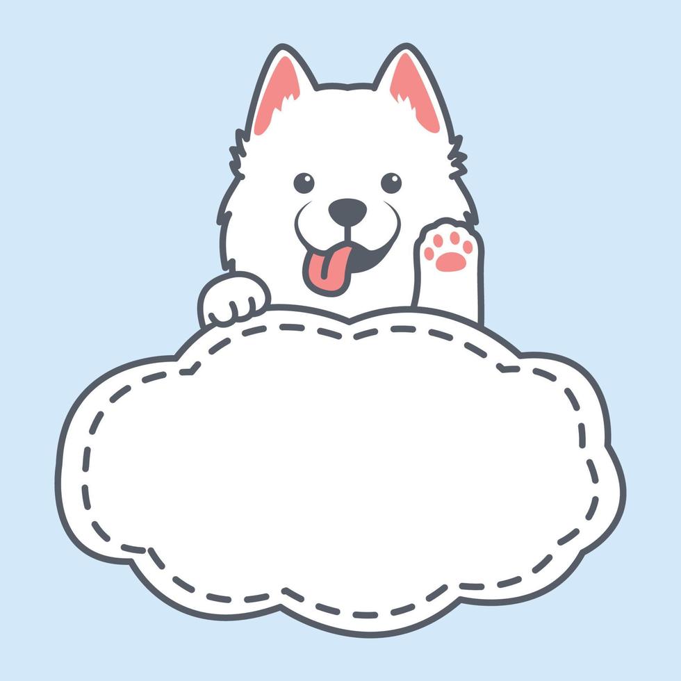 gracioso perro samoyedo agitando la pata con dibujos animados de plantilla de borde de marco, ilustración vectorial vector