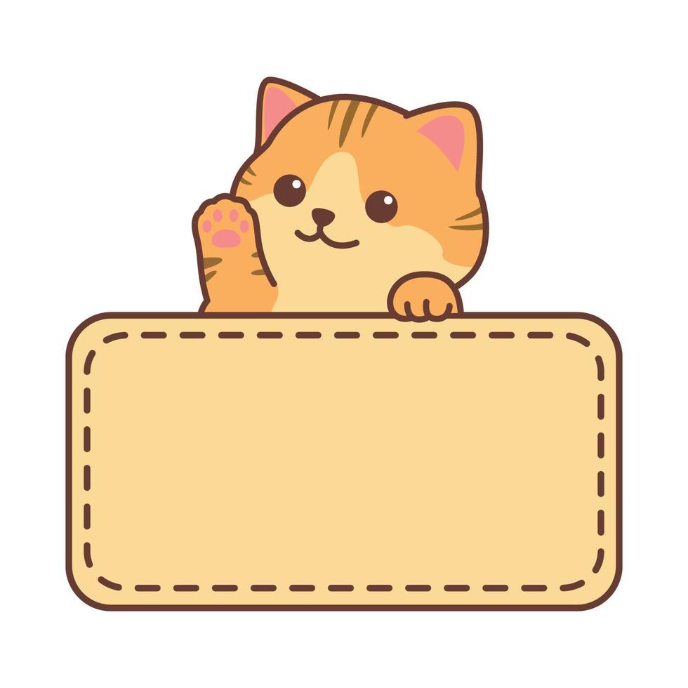 Cute orange cat waving paw with frame border template cartoon, vector illustration