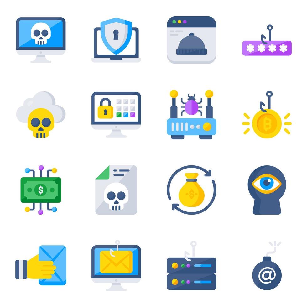 paquete de iconos planos de piratería y seguridad vector