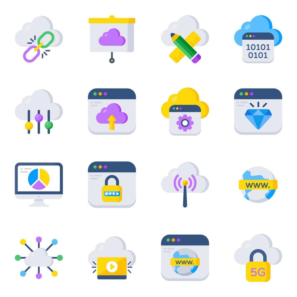 paquete de iconos planos de alojamiento y computación en la nube vector