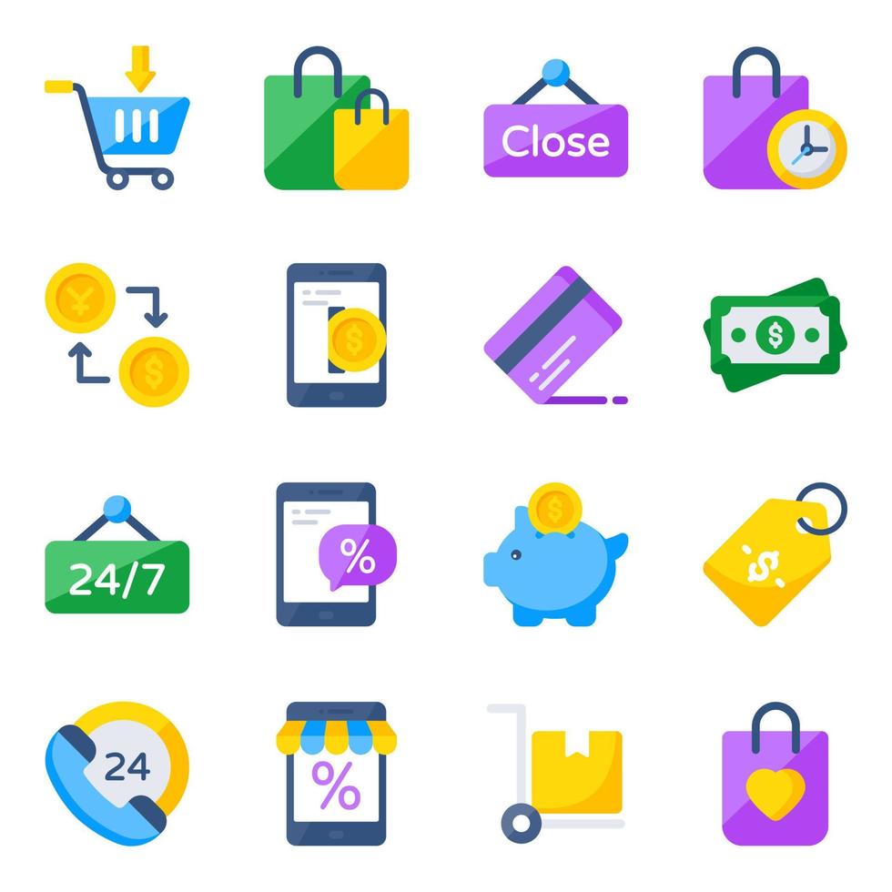 paquete de compras y compras de iconos planos vector
