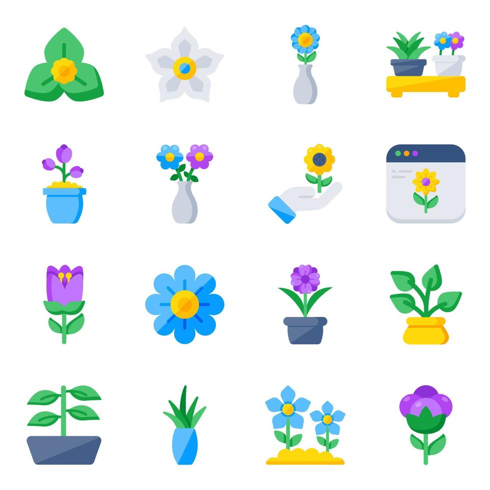 pack de iconos planos de flores y naturaleza vector