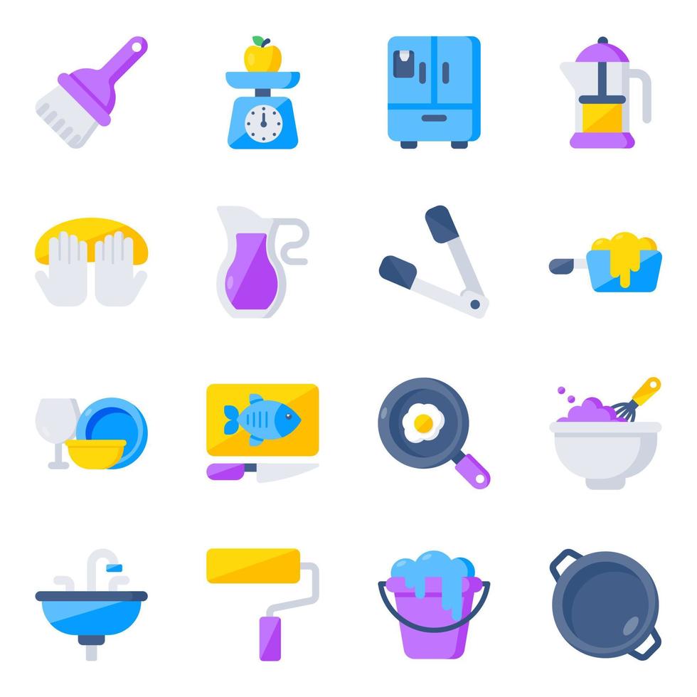 paquete de herramientas de cocina e iconos planos de instrumentos vector