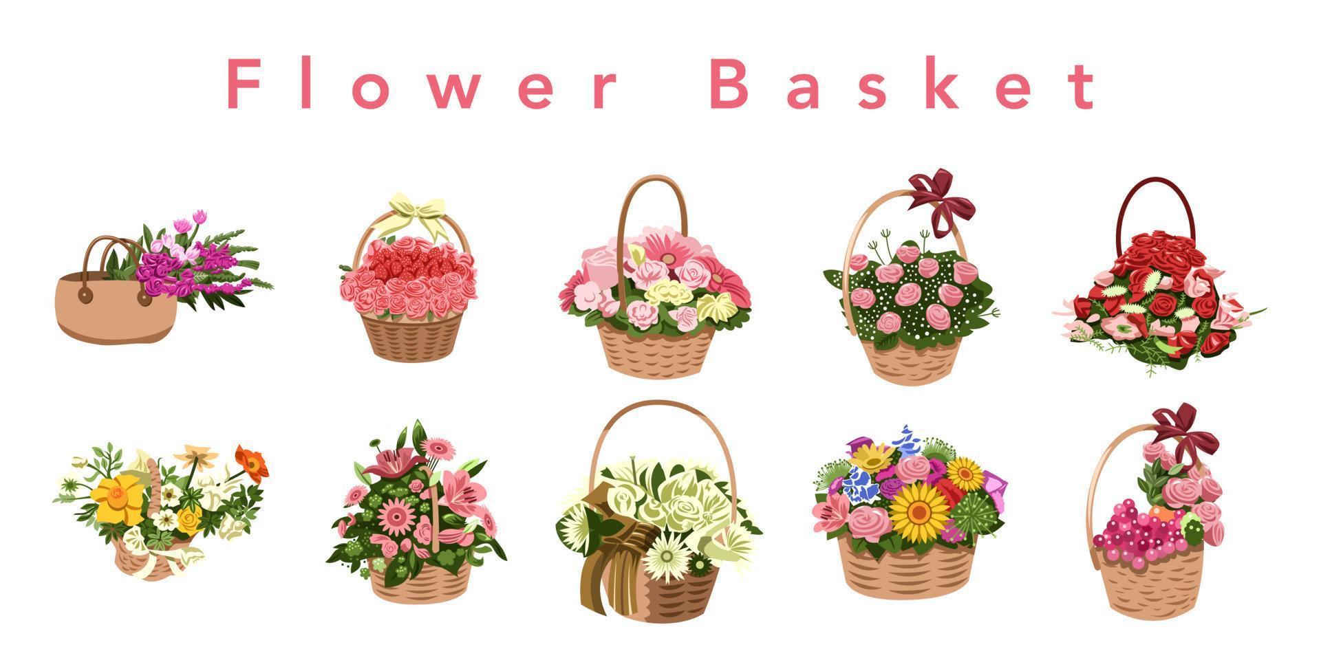 cesta de flores vector set colección gráfico clipart diseño