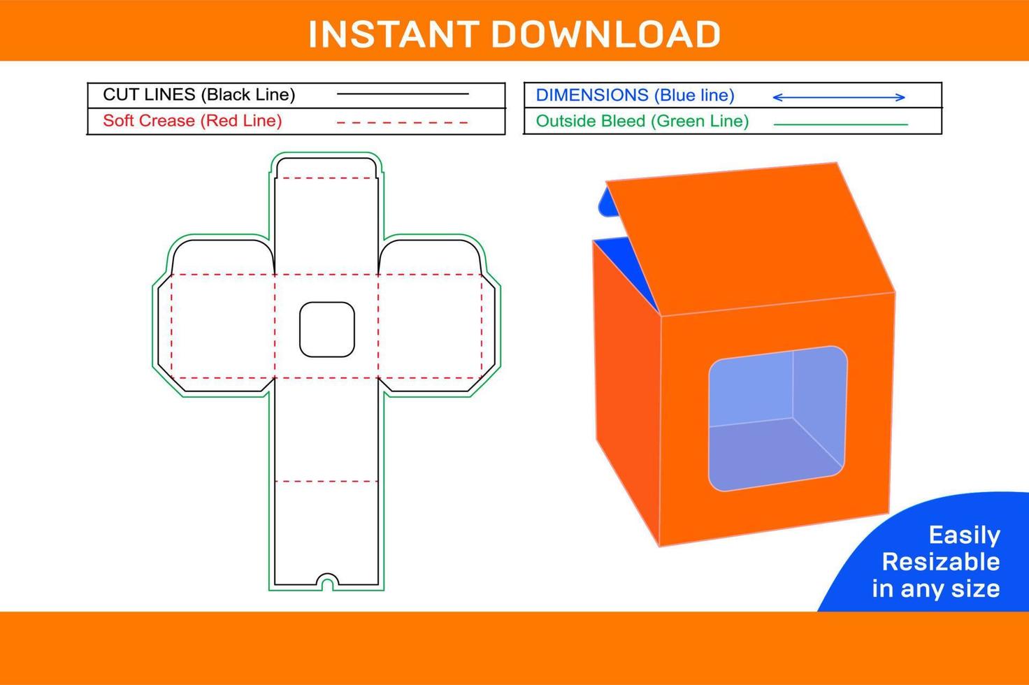 Square display cake box,Cardboard square cake box dieline template and 3d box resizeable vector file Box dieline and 3D box