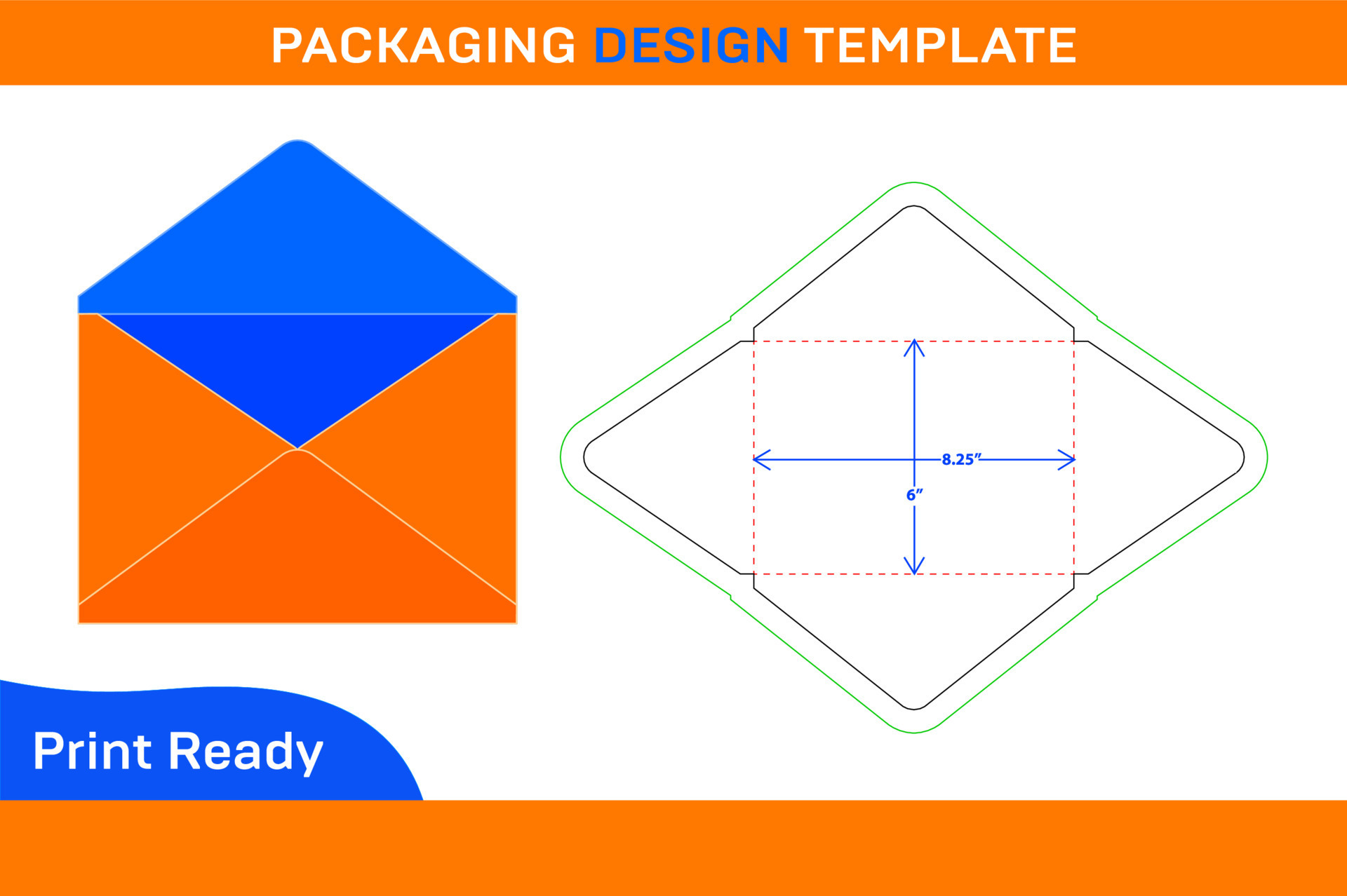 6x8.25 inch Packaging Pointed flap envelope dieline template and 3D