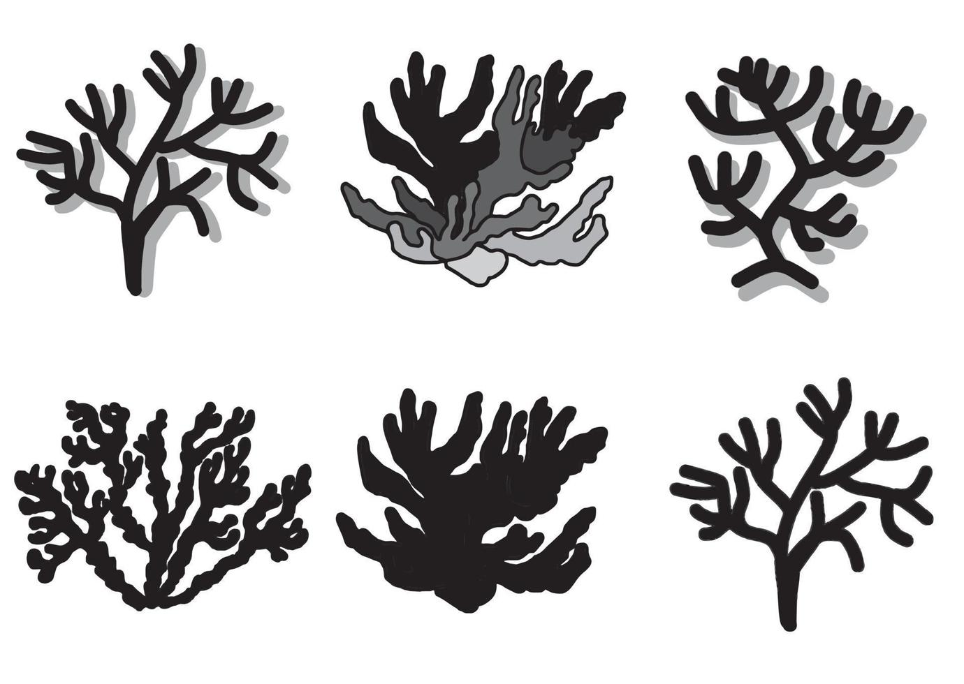 Marine life monochrome set of corals. Vector EPS illustration with transparent background.   Design template, stickers, creating patterns,  wrapping paper,  fabric, clothing, for children, bed linen.