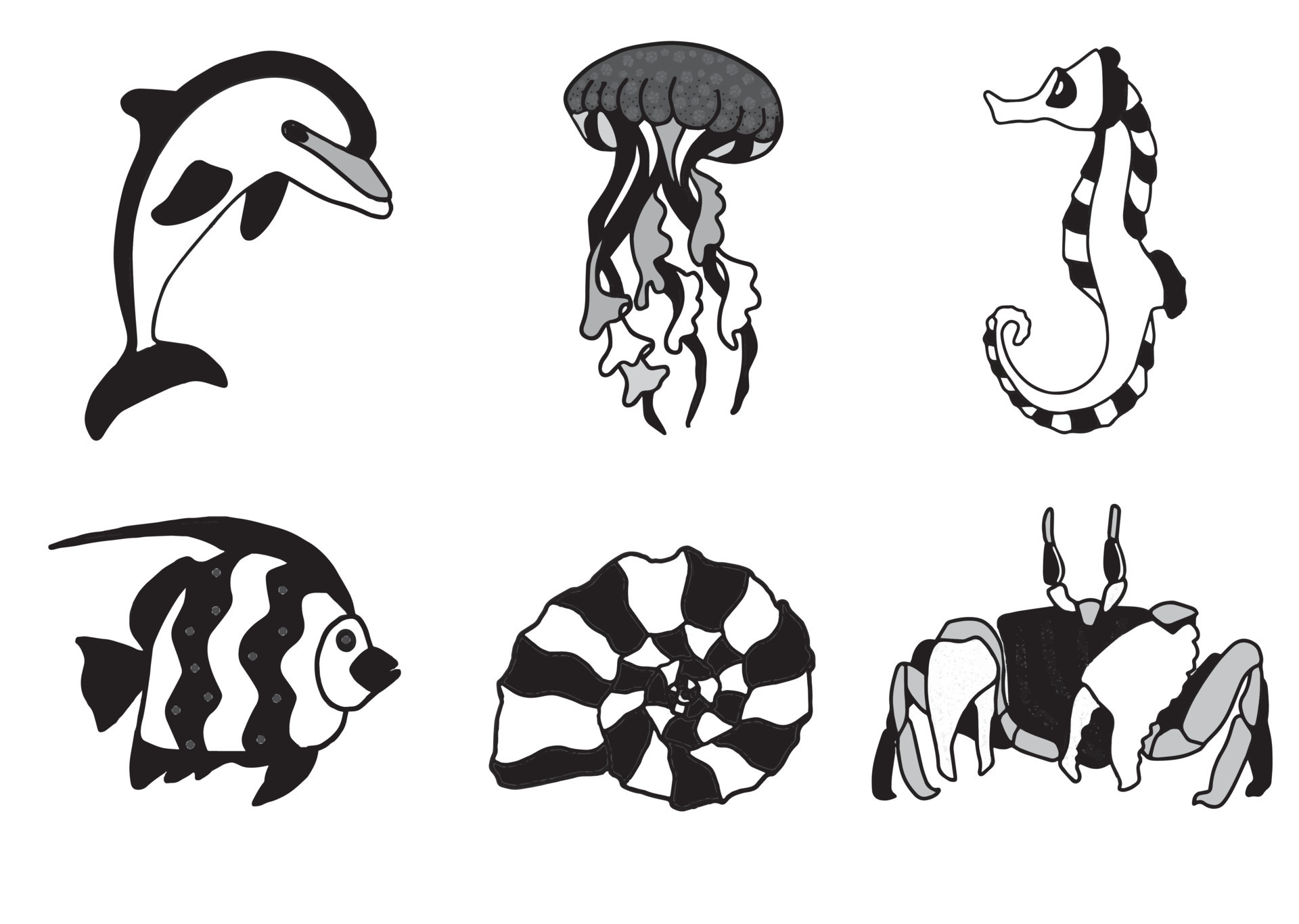 Marine life monochrome set with dolphin, jellyfish, seahorse, fish,  seashell and crab. Vector EPS illustration with transparent background.  Design template, stickers, creating patterns. 19030105 Vector Art at  Vecteezy