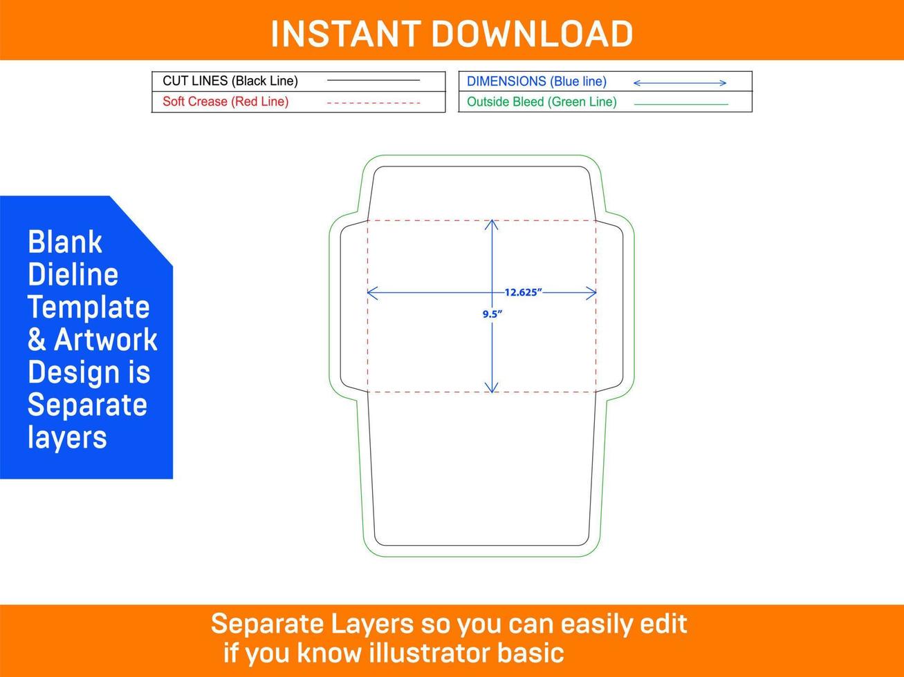 Resizable 9.5x12.625 inch Booklet envelope dieline template and 3D envelope vector