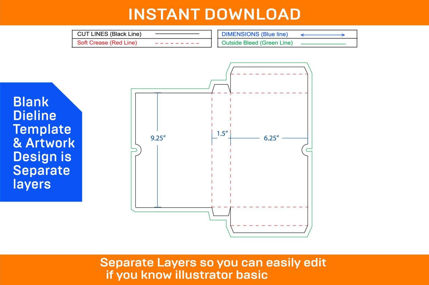 Side open Book box 9 x 6 x 1.5 inch, Book cover box Dieline template and 3D box vector