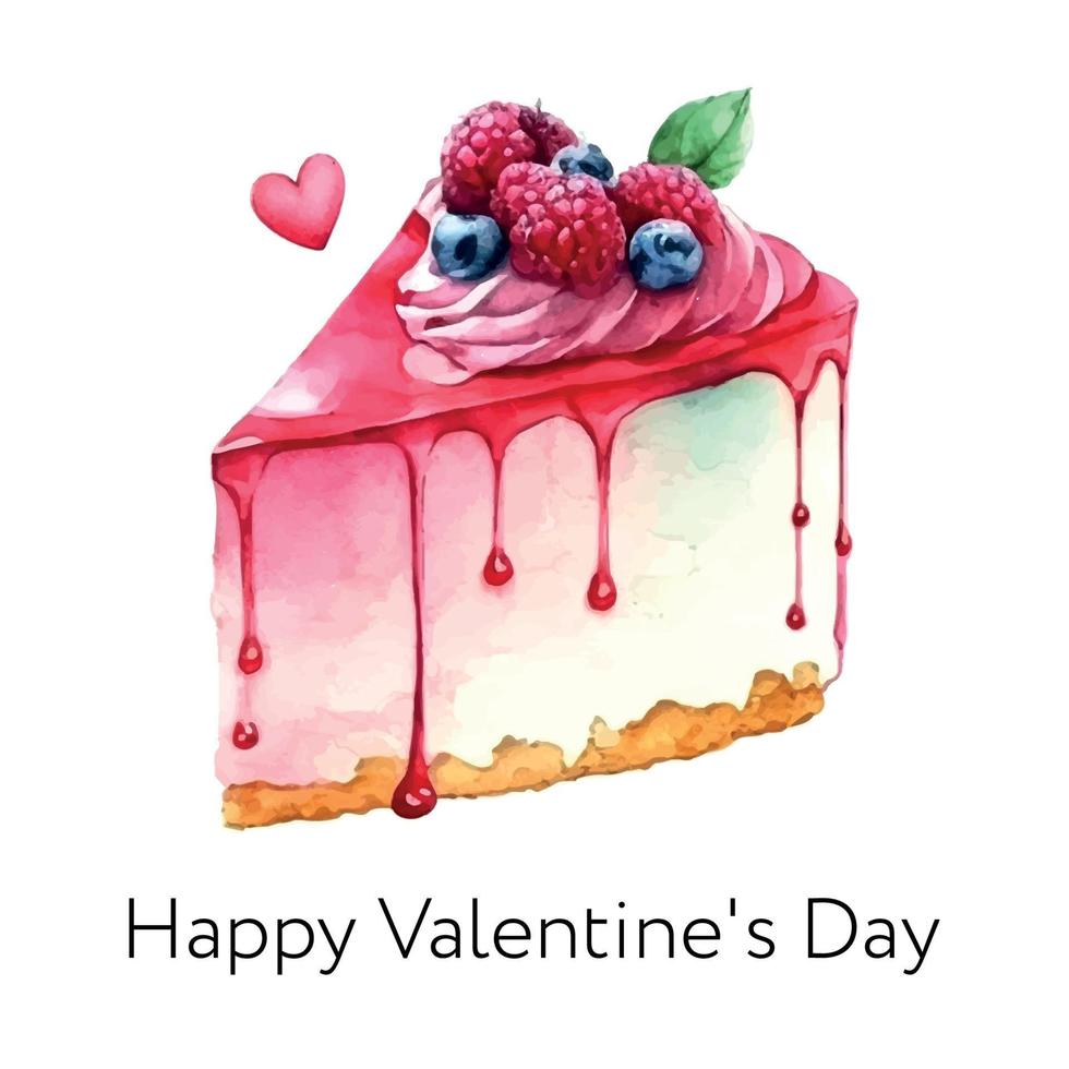 Valentine's day watercolor cake, piece of cake. It can be used for card, postcard, cover, invitation, wedding card, mothers day card, birthday card, menu, recipe. vector