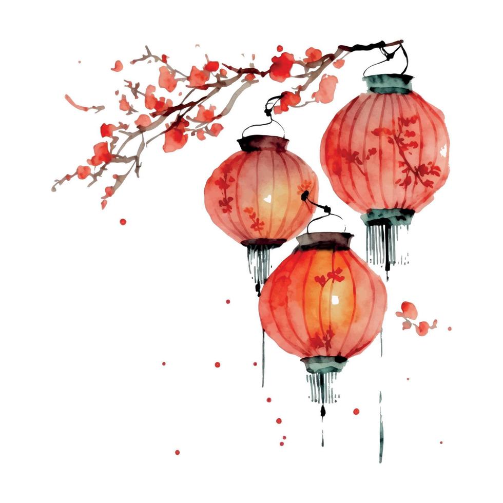 Chinese New Year festive vector card Design on watercolor background Chinese red lanterns