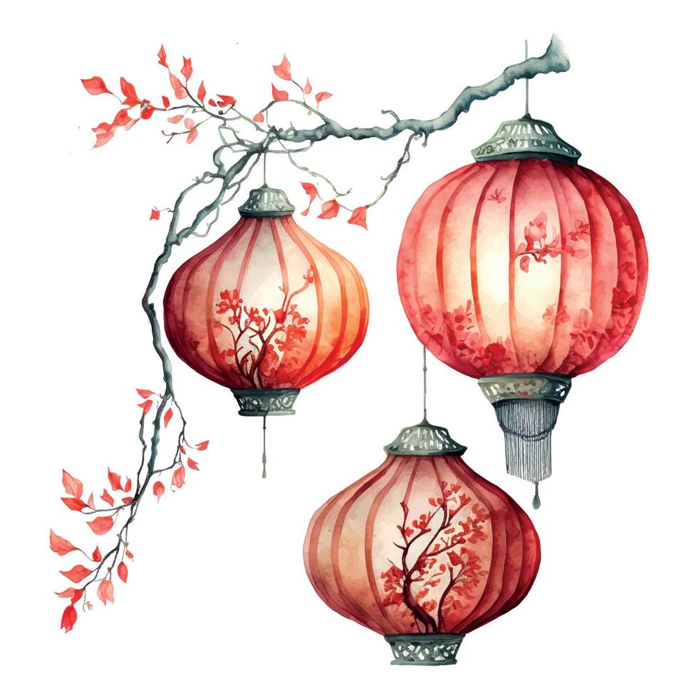 Chinese New Year festive vector card Design on watercolor background Chinese red lanterns