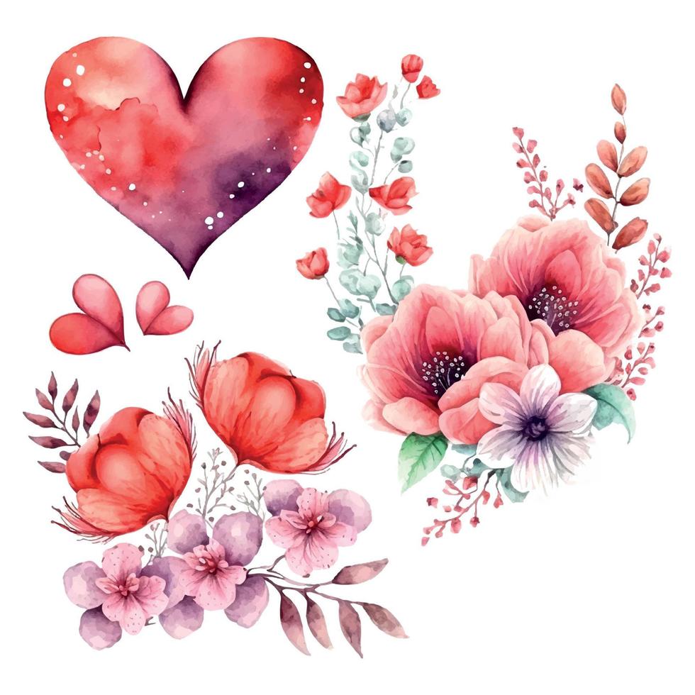 Valentine's day and wedding watercolor hand drawn illustrations. Different hearts, red flowers peonies, jar of hearts, key, diamond. Set of romantic vintage elements. vector