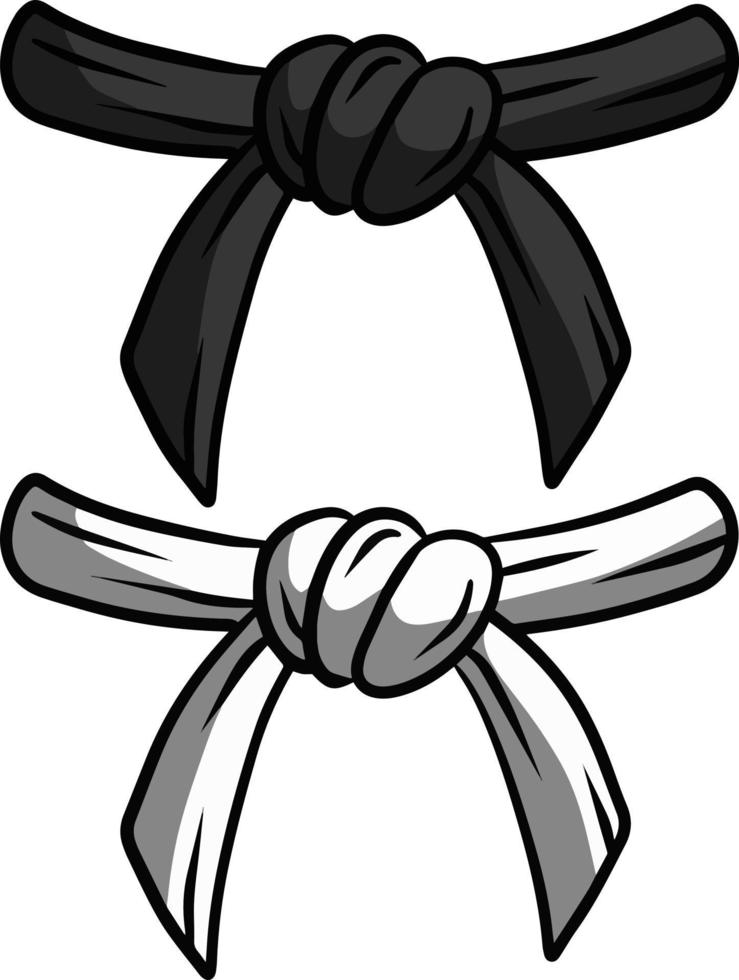Black and white belt karate and judo. Oriental combat sport. Element of clothing of fighter. Traditional Japanese kimono. Master level set. Hand drawn illustration vector