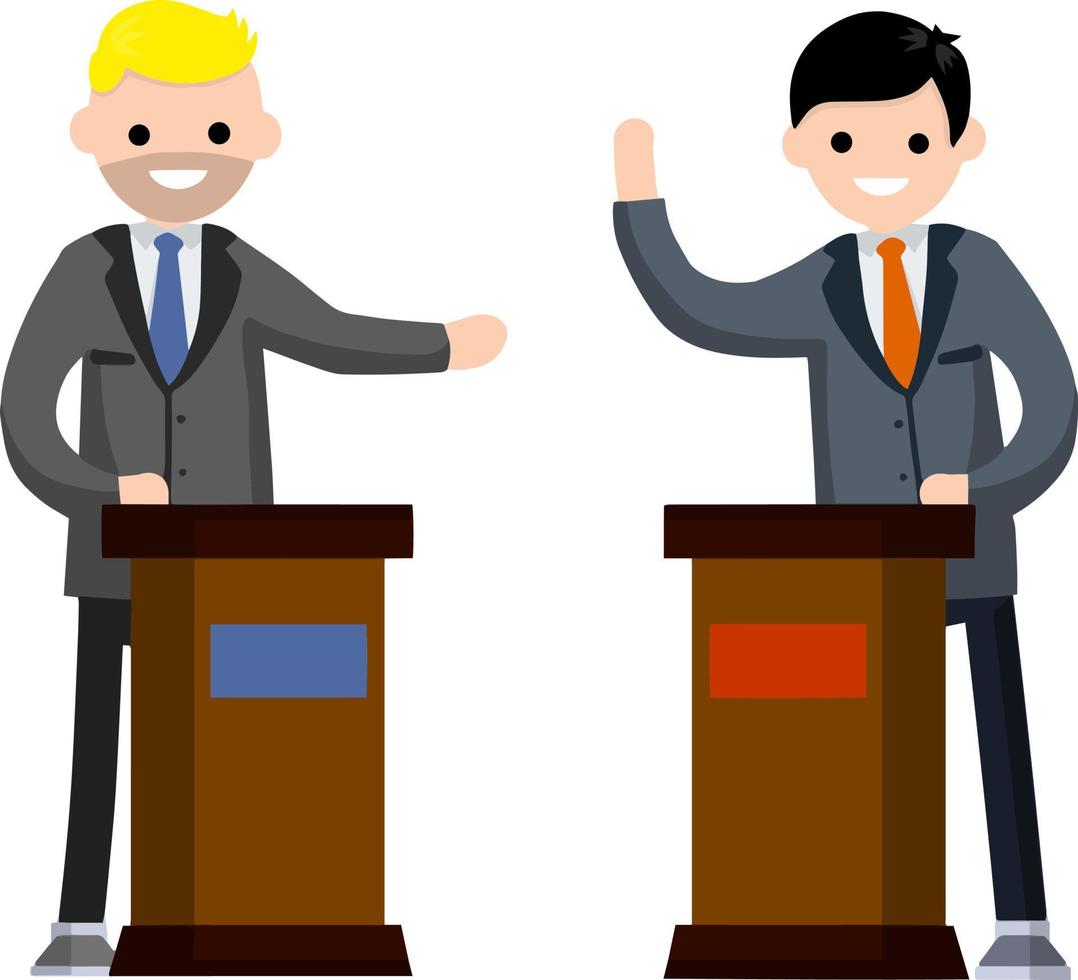 Political debate and dispute between two presidential candidates. Tribune and stand. Dialogue and elections. Podium for speech. Rostrum and man in suit. vector