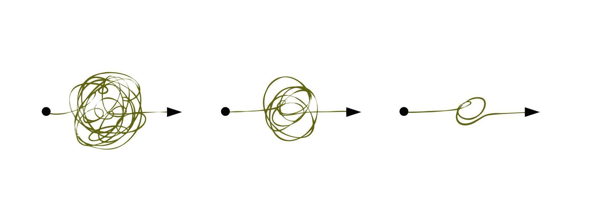 Tangle of lines. Unraveling the path. Psychological concept of solving mental problems. Chaotic messy clew. Simplifying the complex vector