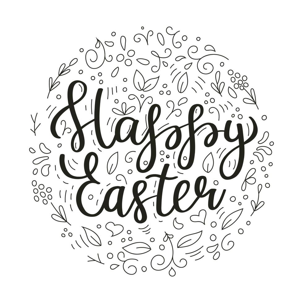 Happy Easter. Floral circle frame. Calligraphy pastel colored greeting card. Hand drawn design elements. Handwritten brush lettering. Vector illustration on white background
