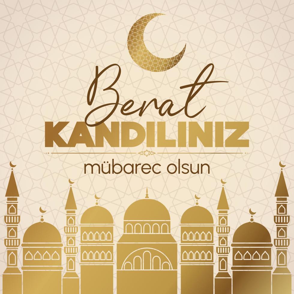 Muslim holiday. Concept of Islamic holy night Berat Kandili. Translation Islamic holy night. Card with golden silhouette of the mosque. Vector on light beige background with Arabian pattern