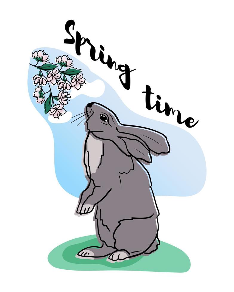 Funny hand drawn grey rabbit on the grass and smelling cherry blossom. Lettering spring time. Vector isolated illustration, cartoon flat character. Greeting card, crafting. Children print design