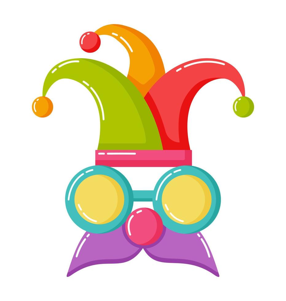 Bright carnival character with joker hat, glasses, mustache vector