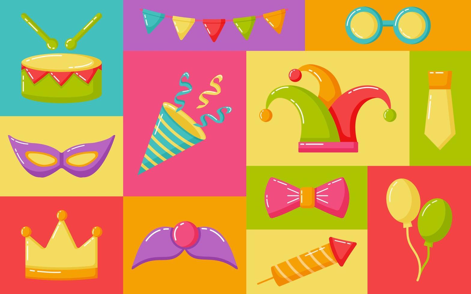 Bright background with party hat, bow, mustache, joker hat, crown, firecracker, gift, glasses, tie vector