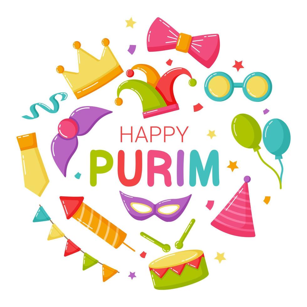 Happy purim bright elements set in round shape, vector illustration