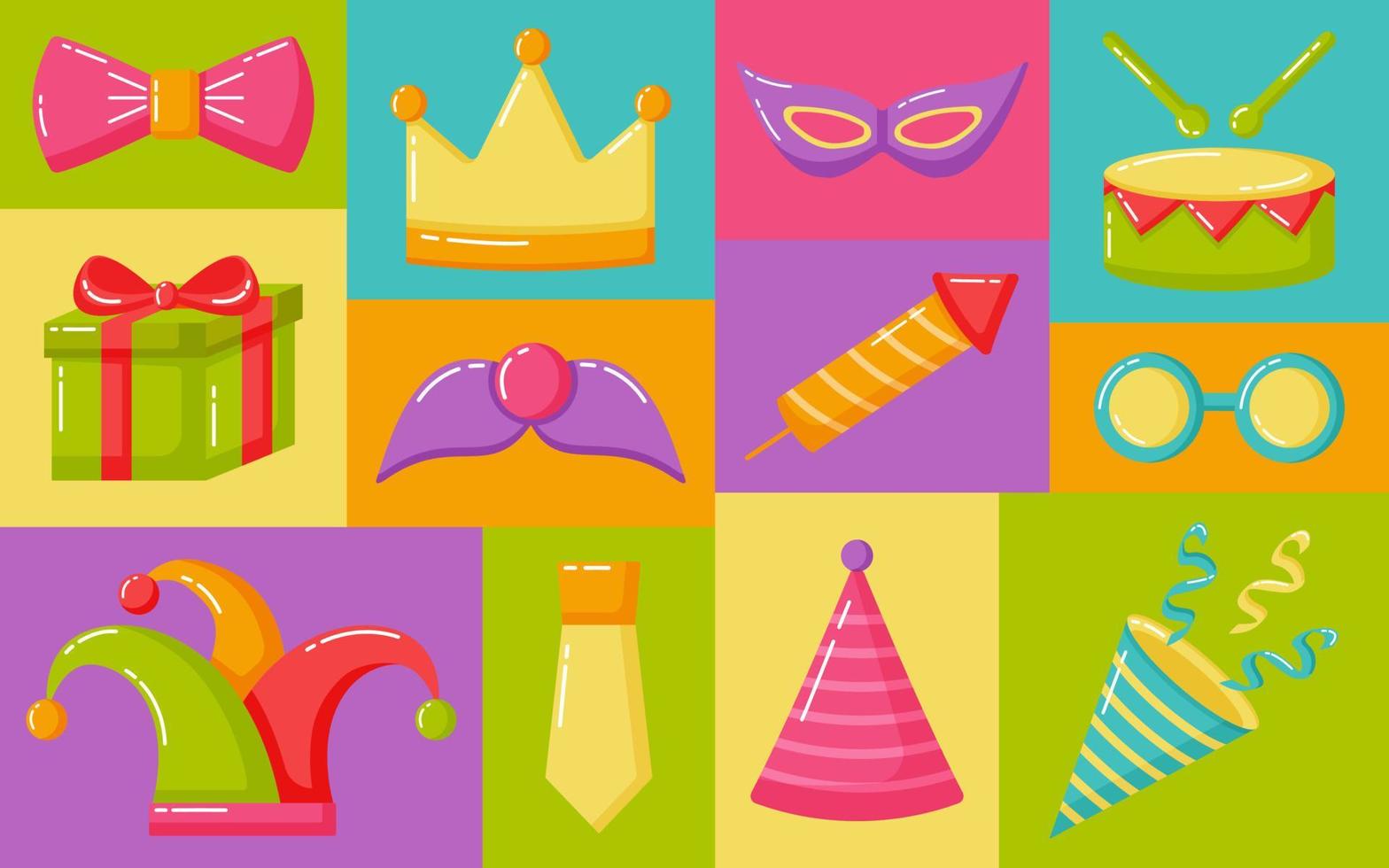 Background for carnival, party, purim carnival. Bright background with party hat, bow, mustache, joker hat, crown, firecracker, gift, glasses, tie vector